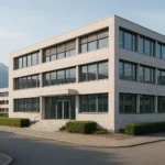 Bâtiment commercial moderne en Suisse avec des montagnes en arrière-plan