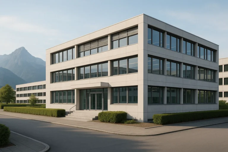Bâtiment commercial moderne en Suisse avec des montagnes en arrière-plan